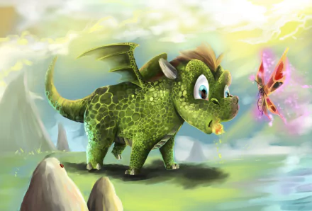 HD fantasy PC desktop wallpaper featuring a green dragon creature with large eyes and wings, curiously interacting with a glowing pink butterfly in a vibrant, mystical landscape.