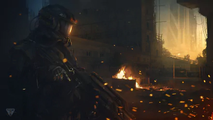 Futuristic warrior in advanced armor wields a weapon amidst a fiery, war-torn sci-fi cityscape, captured in HD for a dramatic PC desktop wallpaper.