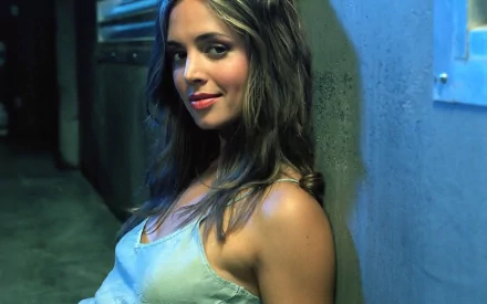 Eliza Dushku poses against a textured wall, exuding confidence in this HD desktop wallpaper, showcasing her striking features and captivating presence.