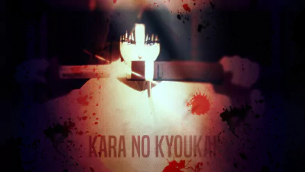 Anime 4K Ultra HD PC desktop wallpaper from The Garden of Sinners: a dark‑haired figure bathed in light against a blood‑splattered backdrop with Kara no Kyoukai text.