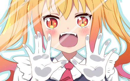 HD anime desktop wallpaper featuring Tohru from Miss Kobayashi's Dragon Maid with expressive eyes and outstretched hands against a bright background.