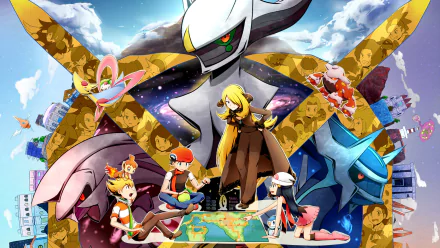 HD PC desktop wallpaper featuring characters and legendary Pokémon from the video game Pokémon: Diamond and Pearl, set against a vibrant, dynamic background.