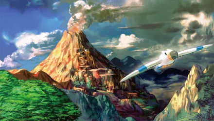 HD desktop wallpaper featuring Wingull from Pokémon: Ruby, Sapphire, and Emerald soaring near a smoking volcano amidst a vibrant, detailed landscape from the video game.
