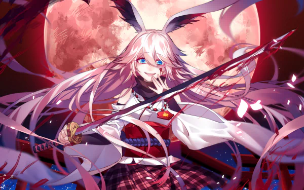 HD desktop wallpaper featuring Yae Sakura from Benghuai Xueyuan. The anime character stands confidently with a katana against a vivid red moon backdrop.