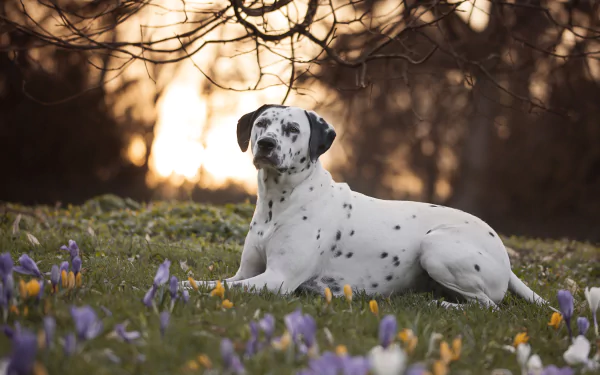 A Dalmatian dog rests among blooming crocus flowers at sunset, captured in 4K Ultra HD for a PC desktop wallpaper.