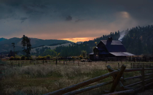 4K Ultra HD Far Cry 5 PC wallpaper showcasing a rustic barn and fence under a moody, sunset-lit sky in a vast rural landscape.