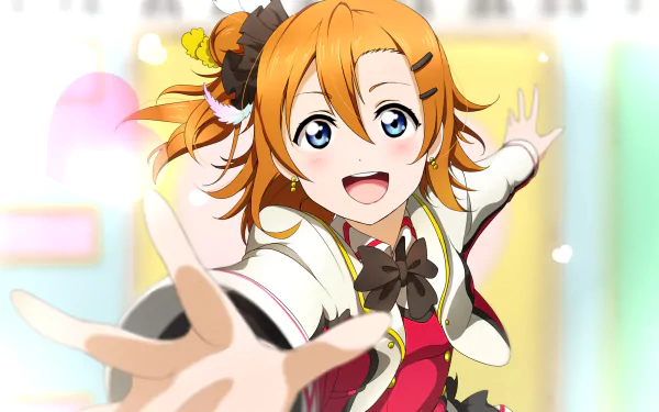 HD PC desktop wallpaper of Honoka Kousaka from Love Live! anime — cheerful portrait reaching out with a bright smile and colorful bokeh background.