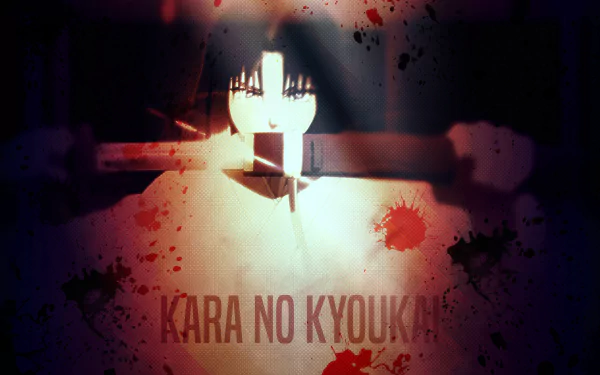 Anime 4K Ultra HD PC desktop wallpaper from The Garden of Sinners: a dark‑haired figure bathed in light against a blood‑splattered backdrop with Kara no Kyoukai text.