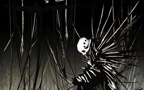 HD desktop wallpaper of a Blame! character with a skeletal appearance amidst abstract black spikes on a gray background.