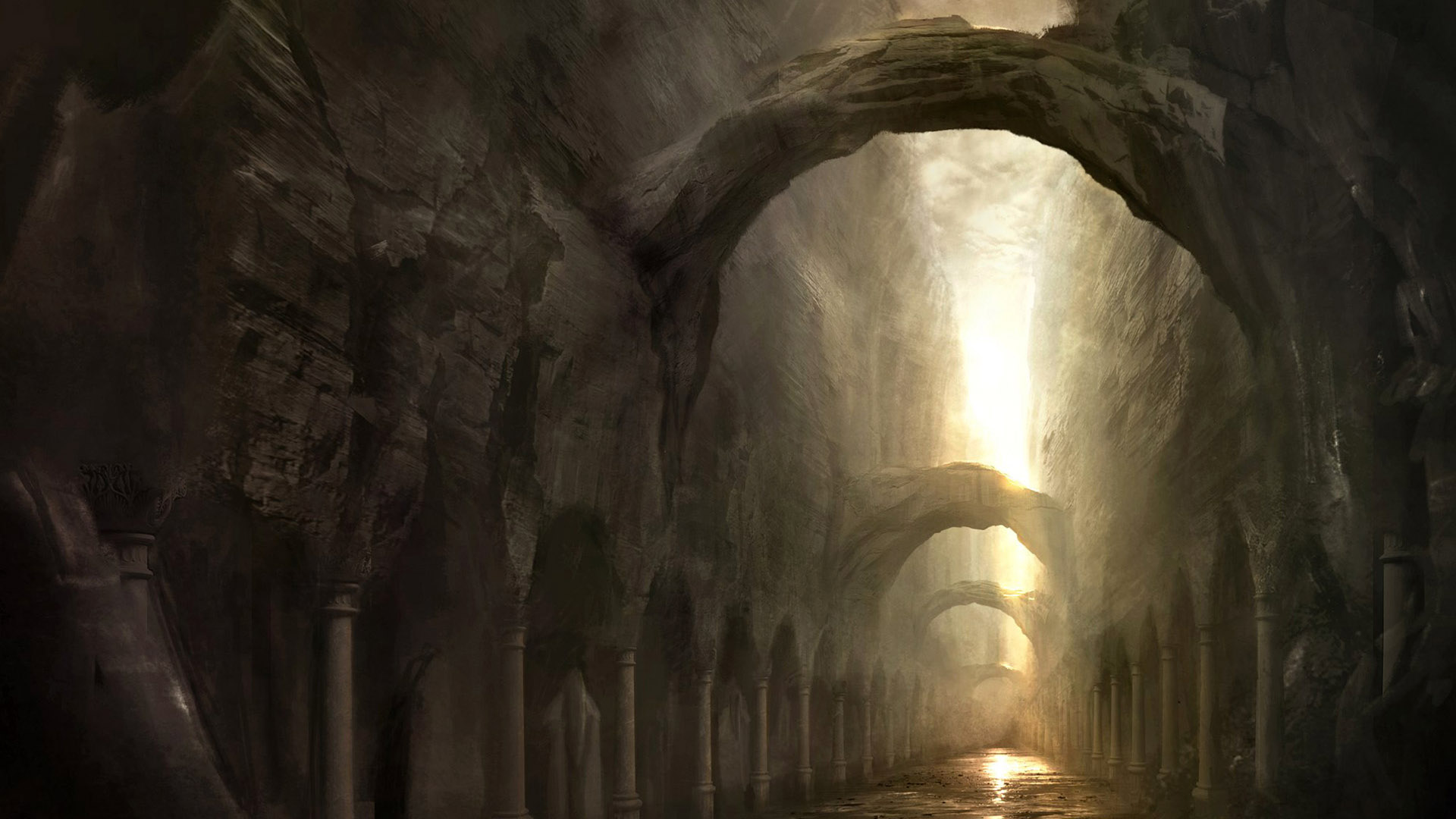 Misty cityscape with dark corridor