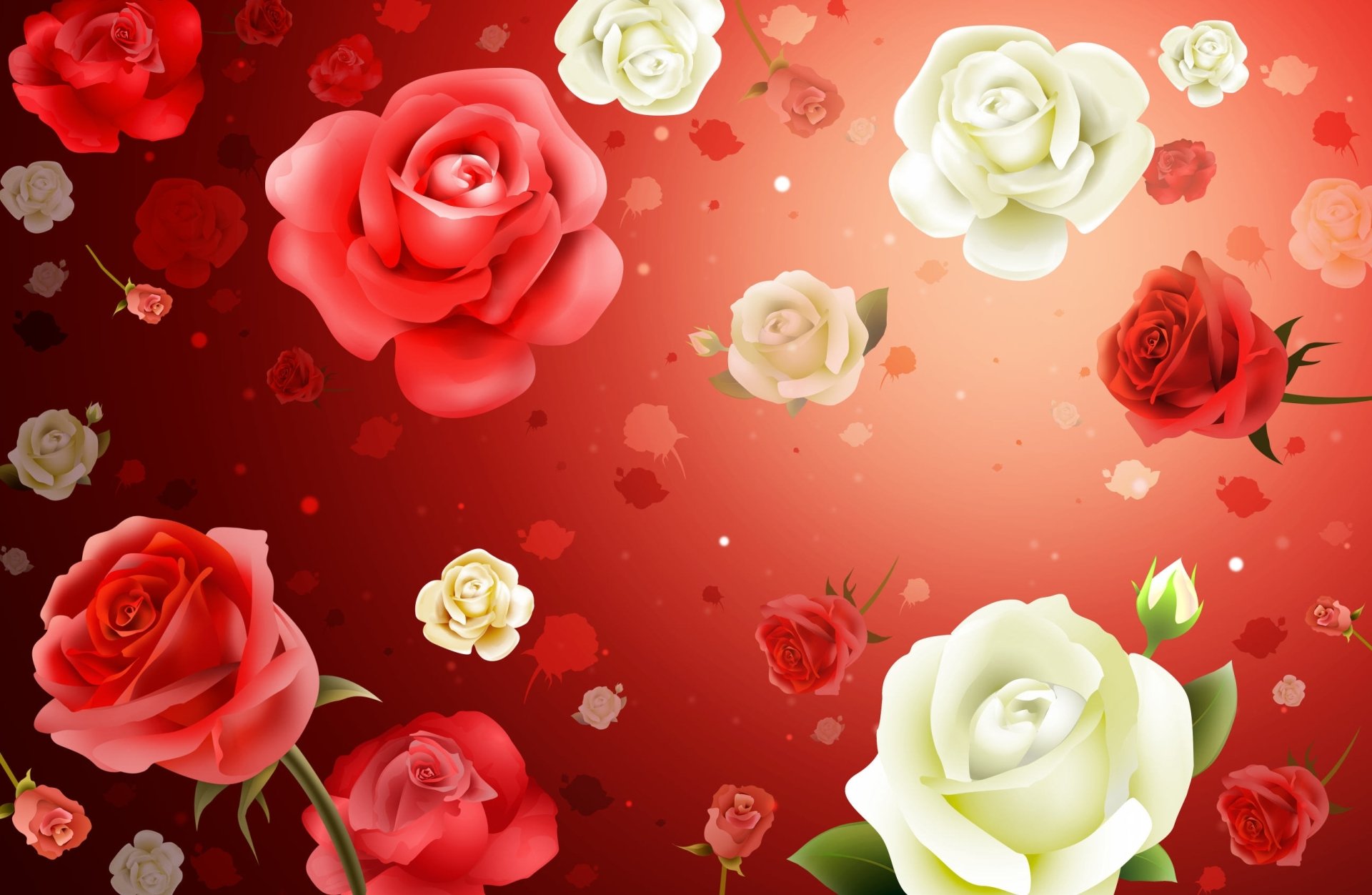 HD PC desktop wallpaper featuring artistic red and white roses and flowers against a soft red background with scattered rose petals.