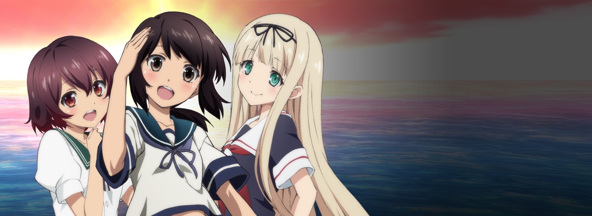 Anime-style HD desktop wallpaper featuring Yuudachi, Mutsuki, and Fubuki from Kantai Collection standing by a serene ocean at sunset.