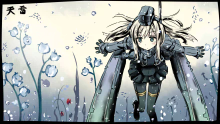 HD PC desktop wallpaper of U-511 from Kantai Collection: anime girl in naval-mecha gear with long blonde hair and twin-turret arms, floating among stylized sea plants and bubbles.