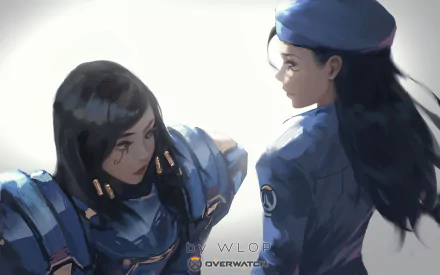 HD desktop wallpaper featuring Pharah and Ana from the video game Overwatch. The artwork highlights these characters with detailed visuals, capturing their distinct appearances and outfits.