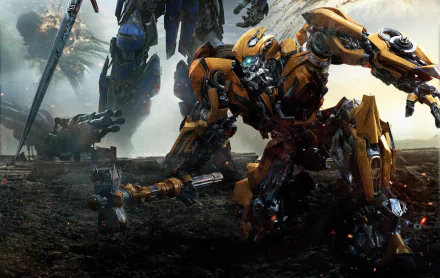 Bumblebee from Transformers: The Last Knight in an action pose on a battlefield. The HD desktop wallpaper showcases Bumblebee in vivid detail, highlighting the intense atmosphere of the movie.