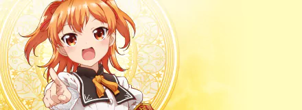 Aika Tenkuubashi from the anime Shomin Sample, depicted in vibrant colors with a bright yellow background, featured as an HD PC desktop wallpaper.