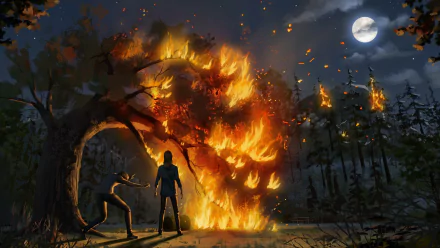 HD PC desktop wallpaper featuring Rachel Amber and Chloe Price from the video game Life Is Strange: Before the Storm, standing near a tree engulfed in flames under a full moon.