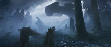 Misty forest landscape with towering alien xenomorph ship from Alien: Covenant, blending eerie nature and sci-fi elements in HD desktop wallpaper style.