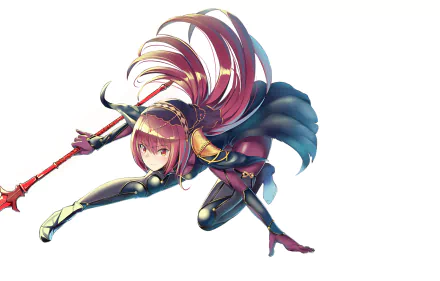 HD PC desktop wallpaper featuring Scathach from Fate/Grand Order in dynamic anime-style pose with vibrant colors and detailed armor.