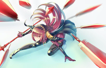 HD desktop wallpaper featuring Scathach from Fate/Grand Order, depicted in dynamic anime style with vibrant colors and detailed armor, poised for battle with her spear amidst a flurry of projectiles.