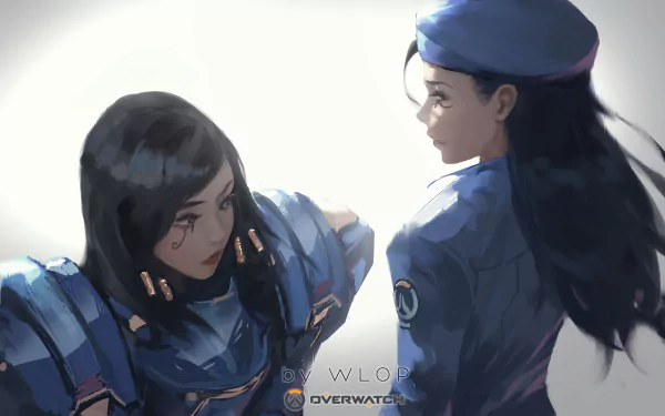 HD desktop wallpaper featuring Pharah and Ana from the video game Overwatch. The artwork highlights these characters with detailed visuals, capturing their distinct appearances and outfits.