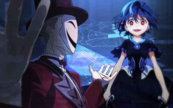 HD desktop wallpaper of the anime Black Bullet, featuring two characters: a masked figure in a top hat and red suit, and a girl with blue hair and red eyes in a dark outfit, against a futuristic backdrop.