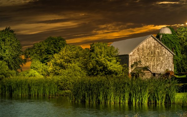 Man Made Barn Farm River Green Sky Sunset HD Wallpaper | Background Image