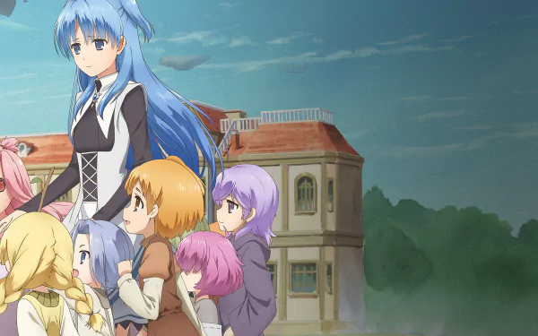 HD desktop wallpaper featuring anime characters Collon Rin Purgatrio, Lakhesh Nyx Seniorious, Pannibal Nox Katena, Tiat Siba Igleo, Almita from SukaSuka, Nephren Ruq Insania, and Chtholly Nota Seniorious.