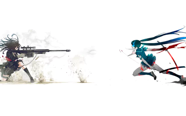 HD desktop wallpaper featuring Black Rock Shooter with a gun, showcasing an anime crossover style.