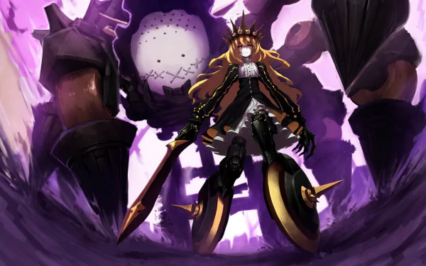 HD PC desktop wallpaper depicting Chariot from Black Rock Shooter anime, set against a dramatic purple background with intense, powerful imagery.