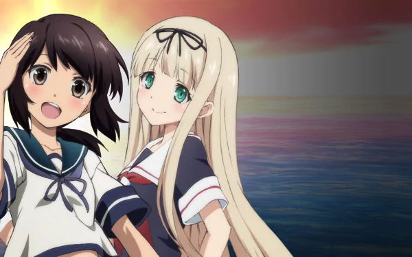 Anime-style HD desktop wallpaper featuring Yuudachi, Mutsuki, and Fubuki from Kantai Collection standing by a serene ocean at sunset.