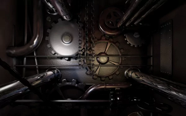 HD PC desktop wallpaper featuring close-up, dark-toned gears and hardware with industrial pipes and chains, highlighting technology and mechanical design.