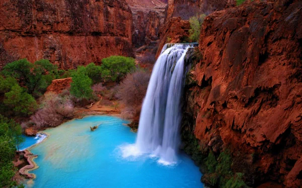 A stunning view of Havasu Falls in Arizona’s canyon, featuring a majestic waterfall cascading into vibrant turquoise waters surrounded by lush greenery and red rock formations.