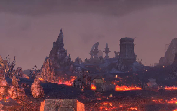 The Elder Scrolls Online video game HD PC desktop wallpaper: a volcanic wasteland with rivers of lava, charred ruins and looming towers.