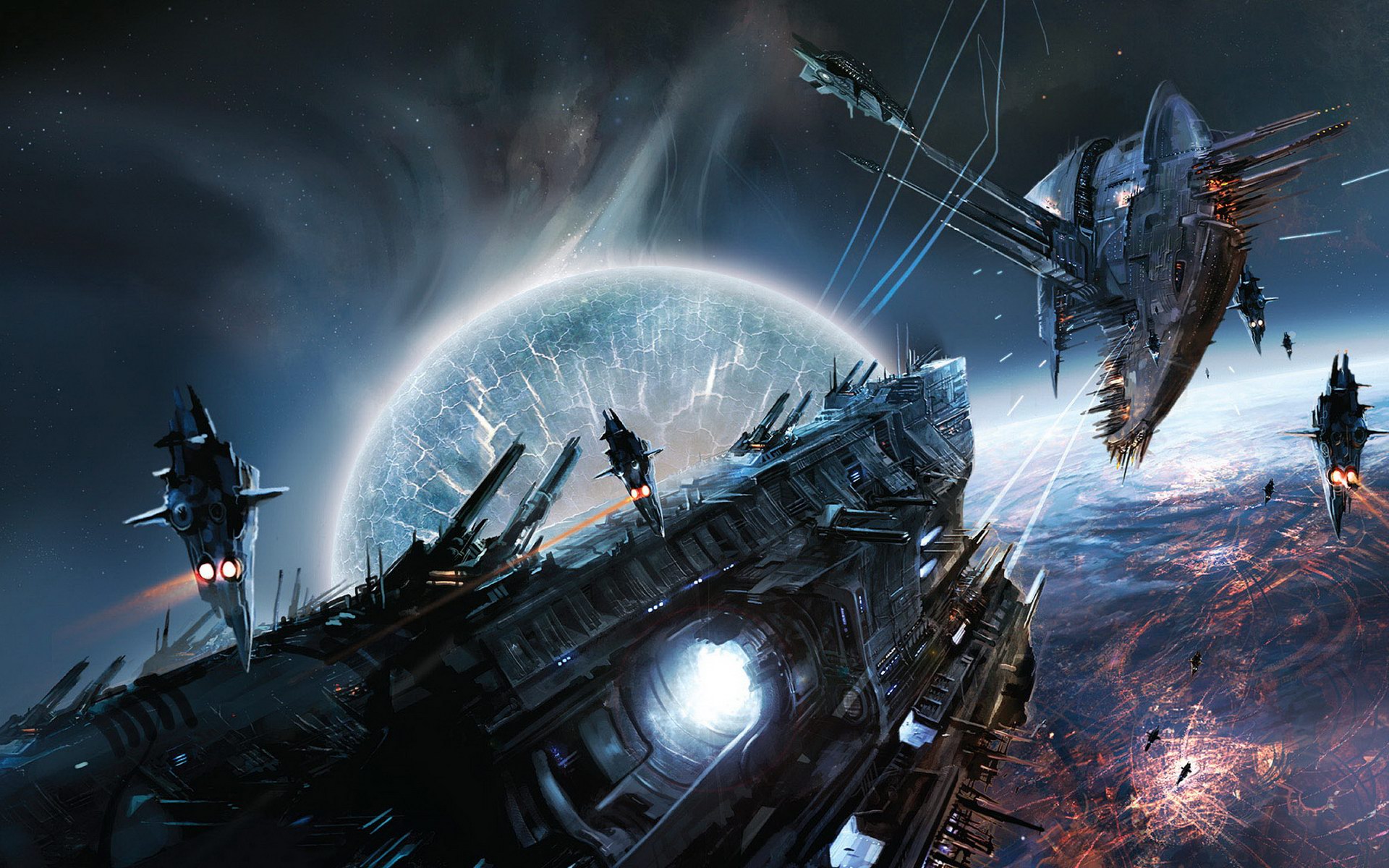 Space battle above a protected city: Capital ships clash in HD wallpaper, evoking a sense of war.
