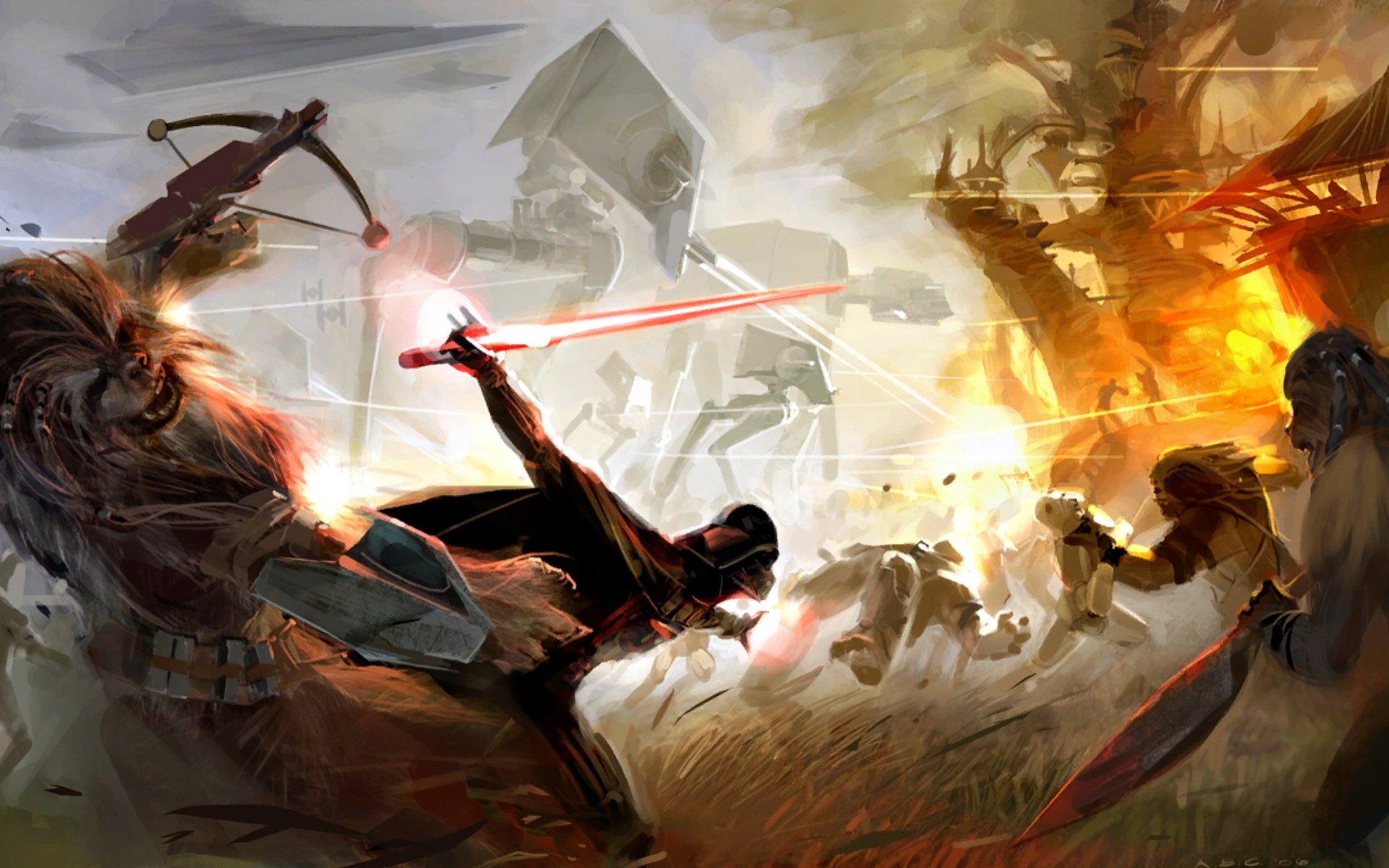 A dramatic battle scene featuring a Wookiee and Darth Vader from Star Wars, showcasing intense conflict among iconic characters and vehicles in a cinematic landscape.