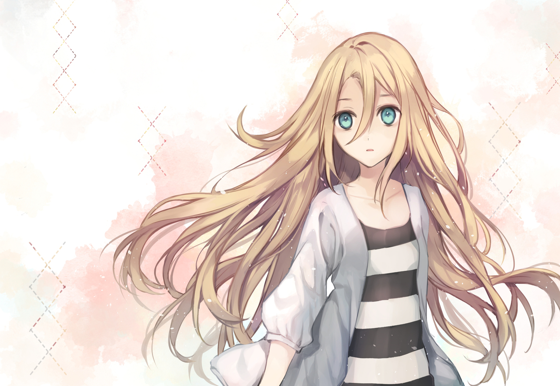 Anime-style illustration of Rachel Gardner with long blonde hair and striking aqua eyes, rendered in 4K Ultra HD for a vibrant PC desktop wallpaper.