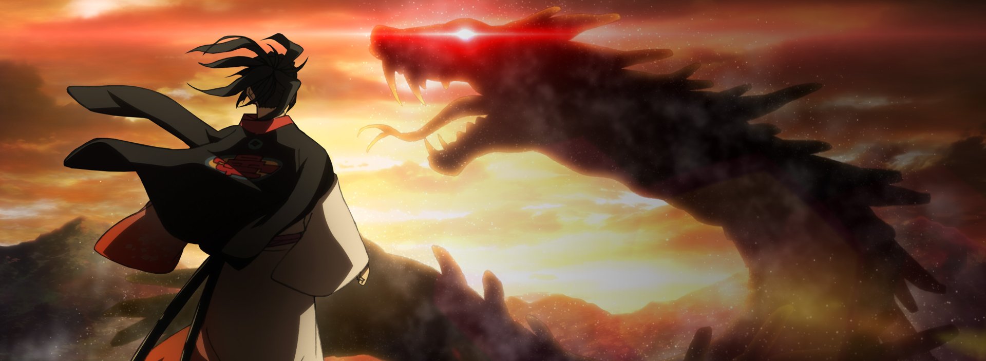 Tenka Kumo (Donten ni Warau) stands against a fiery sunset as a massive shadowy dragon glows red — anime 2K Quad HD PC desktop wallpaper/background.