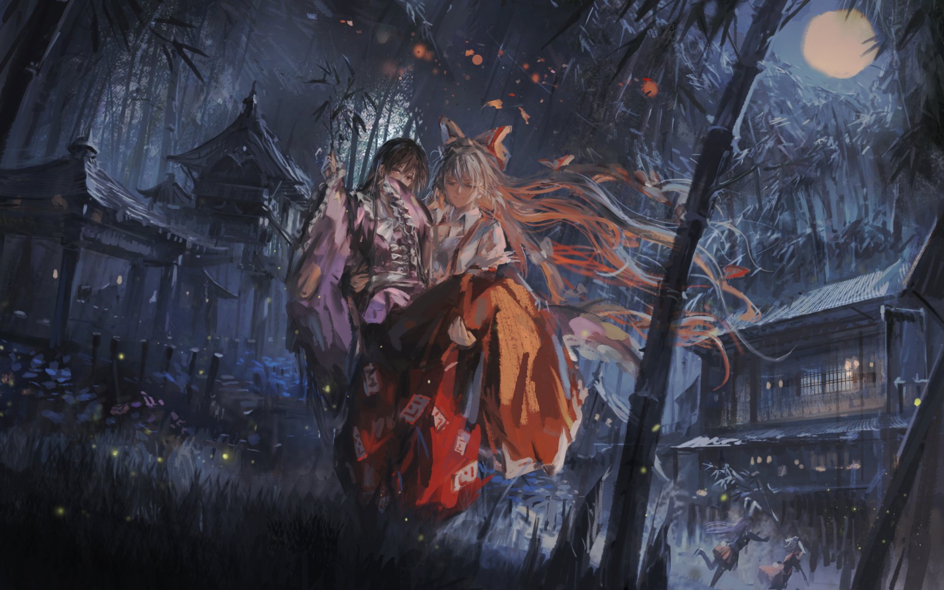 HD anime desktop wallpaper featuring Kaguya Houraisan and Fujiwara no Mokou from Touhou, set in a moonlit forest with traditional Japanese architecture.