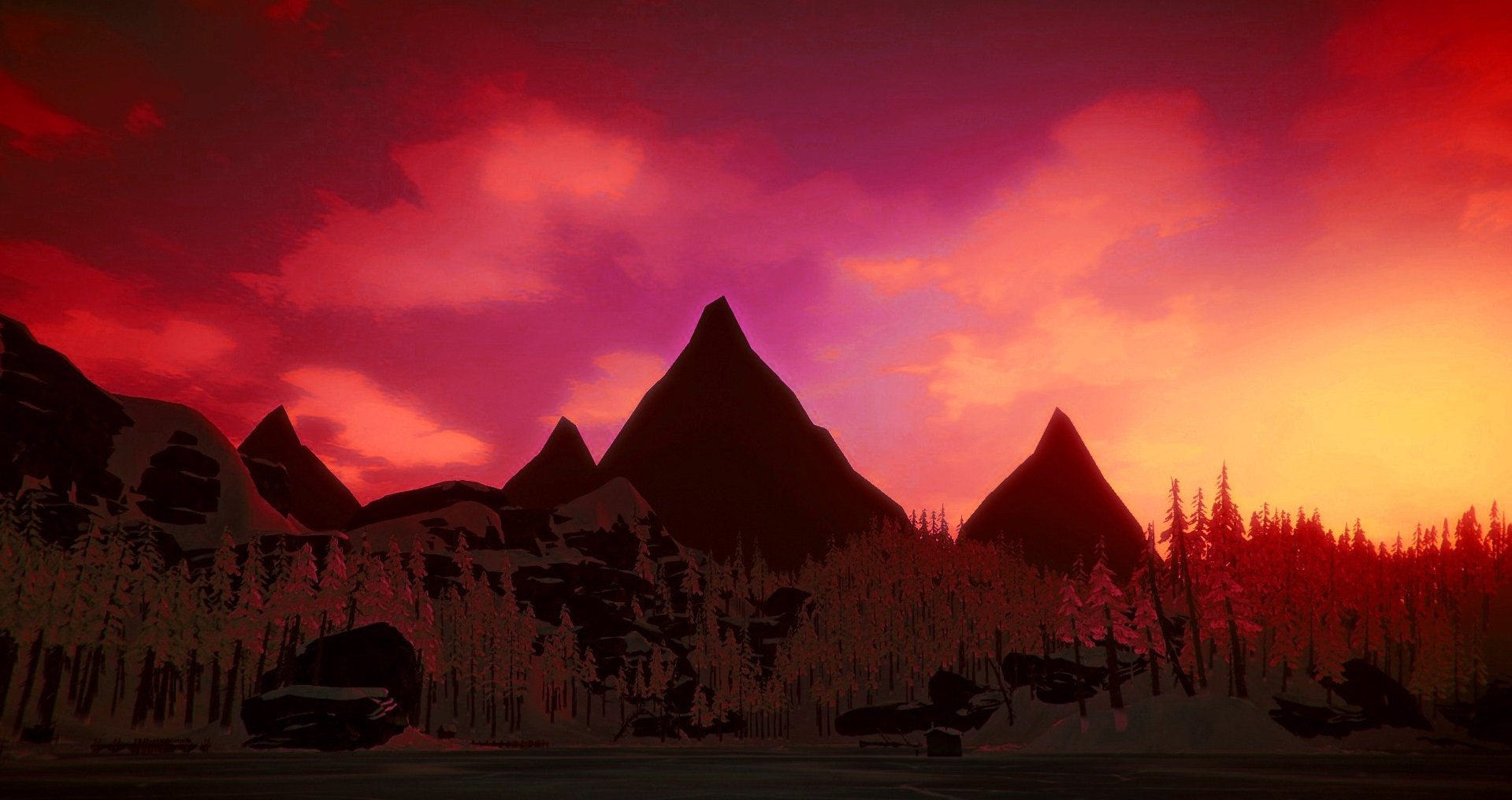 HD PC desktop wallpaper for the video game The Long Dark: silhouetted triangular mountains and a pine tree line beneath a vivid red-orange sunset sky.