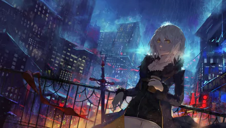 HD desktop wallpaper featuring Jeanne d'Arc Alter from the Fate Series, specifically Fate/Grand Order, set against a vibrant cityscape at night with rain falling romantically.