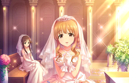 HD PC desktop wallpaper featuring Kirari Moroboshi and Yuki Himekawa from THE iDOLM@STER: Cinderella Girls Starlight Stage in elegant wedding attire inside a sunlit chapel.