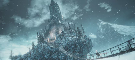 Snow falls over a towering castle atop a rocky cliff connected by a rope bridge, set in a wintery landscape from the video game Dark Souls III.