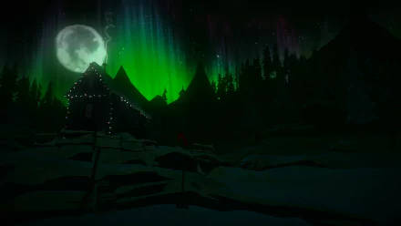 Night scene from The Long Dark featuring a cabin under a glowing aurora borealis and a full moon, rendered in HD for a PC desktop wallpaper and background.