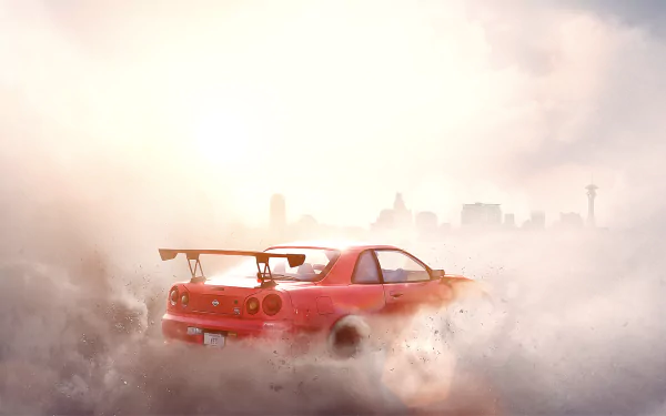 HD desktop wallpaper featuring a Nissan GT-R from the video game Need for Speed Payback, driving through a cloud of dust with a city skyline in the background.