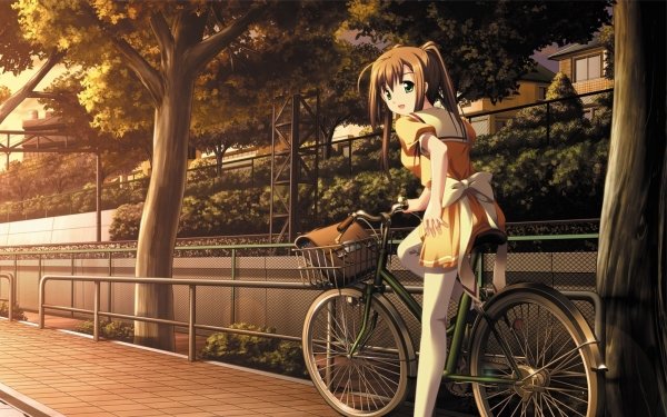 Anime Original Bicicleta Long Hair Twintails bow Thigh Highs Smile Green Eyes Brown Hair Bag Fondo de pantalla HD | Fondo de Escritorio
