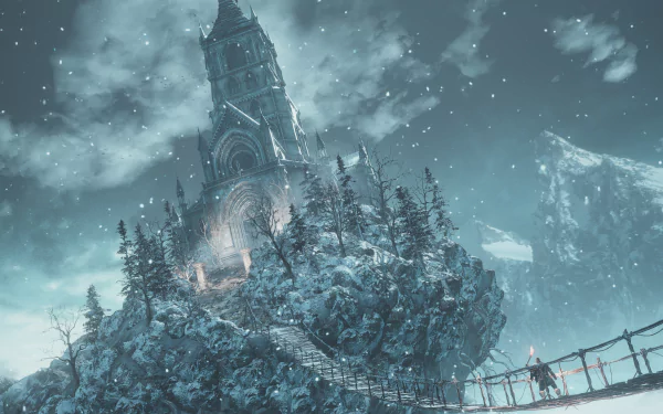 Snow falls over a towering castle atop a rocky cliff connected by a rope bridge, set in a wintery landscape from the video game Dark Souls III.