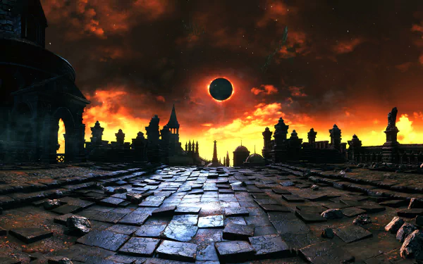 HD desktop wallpaper featuring a dramatic eclipse over a dark, medieval landscape from the video game Dark Souls III.