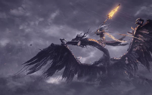 HD wallpaper of Dark Souls III featuring the Nameless King riding a fearsome dragon amidst a stormy sky, creating an epic and intense visual for gaming enthusiasts.