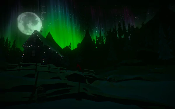 Night scene from The Long Dark featuring a cabin under a glowing aurora borealis and a full moon, rendered in HD for a PC desktop wallpaper and background.